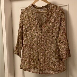 Anokhi Floral Print V-Neck Women's Blouse - Pink & Tan 10